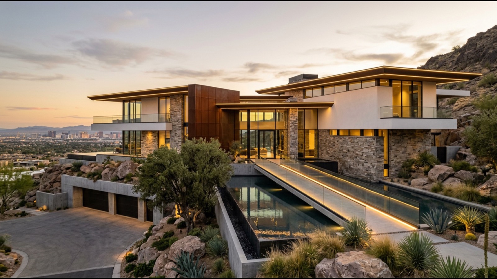Mesa Ridge contemporary great room interior with multi-slide glass doors opening to outdoor amenity area mountain views and Toll Brothers semi-custom interior finishes