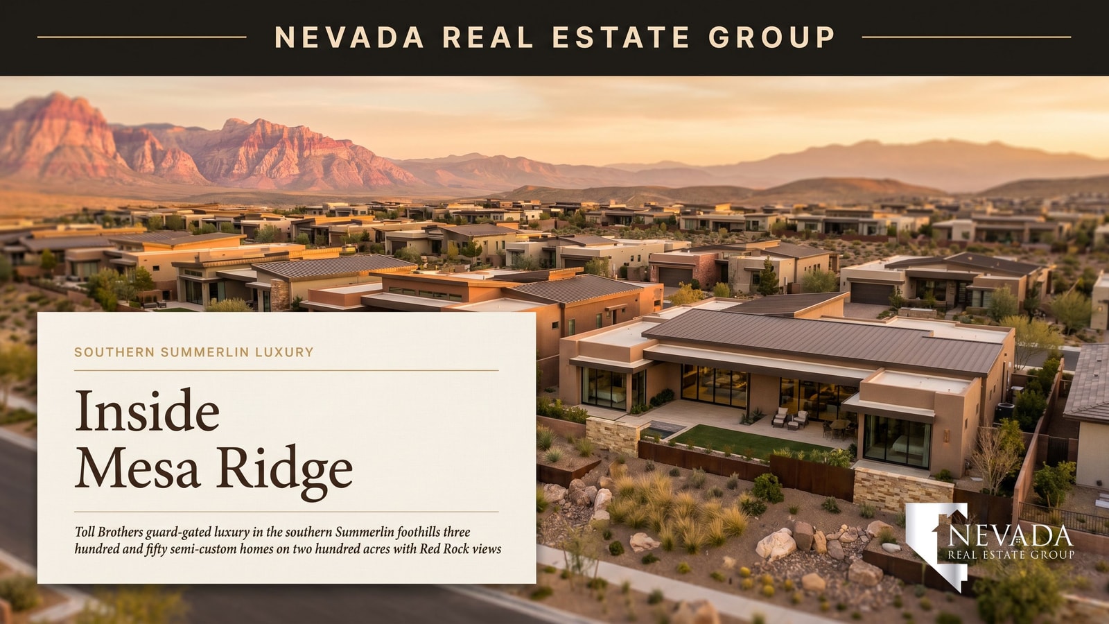 The Ridges Mesa custom luxury estate at twilight with Las Vegas Strip view in the background — the trophy-tier Summerlin sub-village where NREG closed approximately 52 transactions during 2025