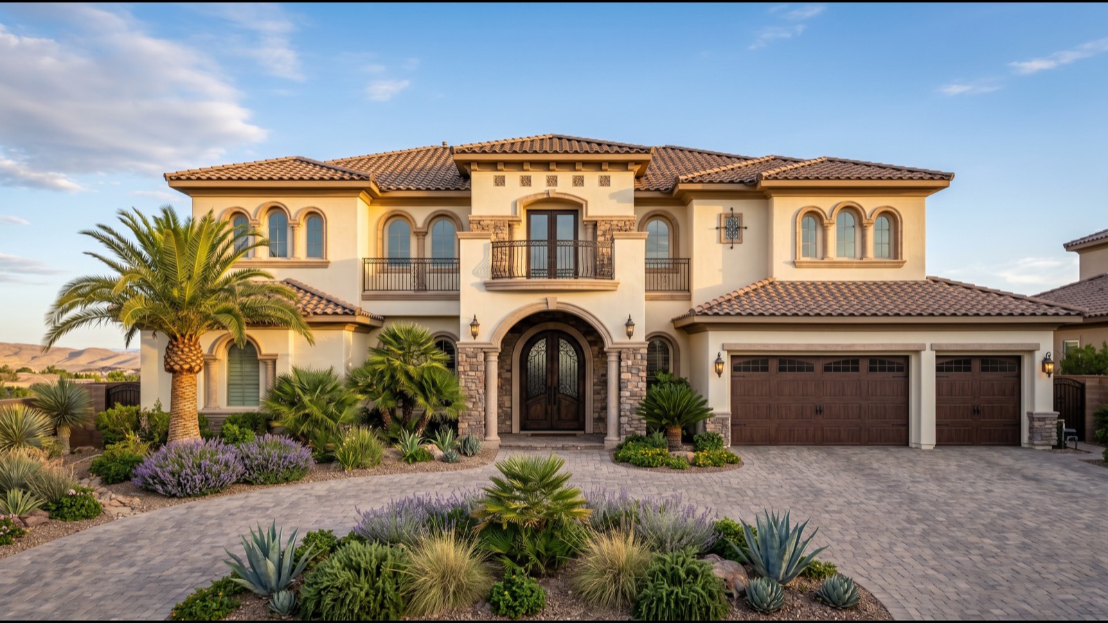 Painted Desert custom Mediterranean luxury estate exterior with mature landscaping and Sheep Range backdrop