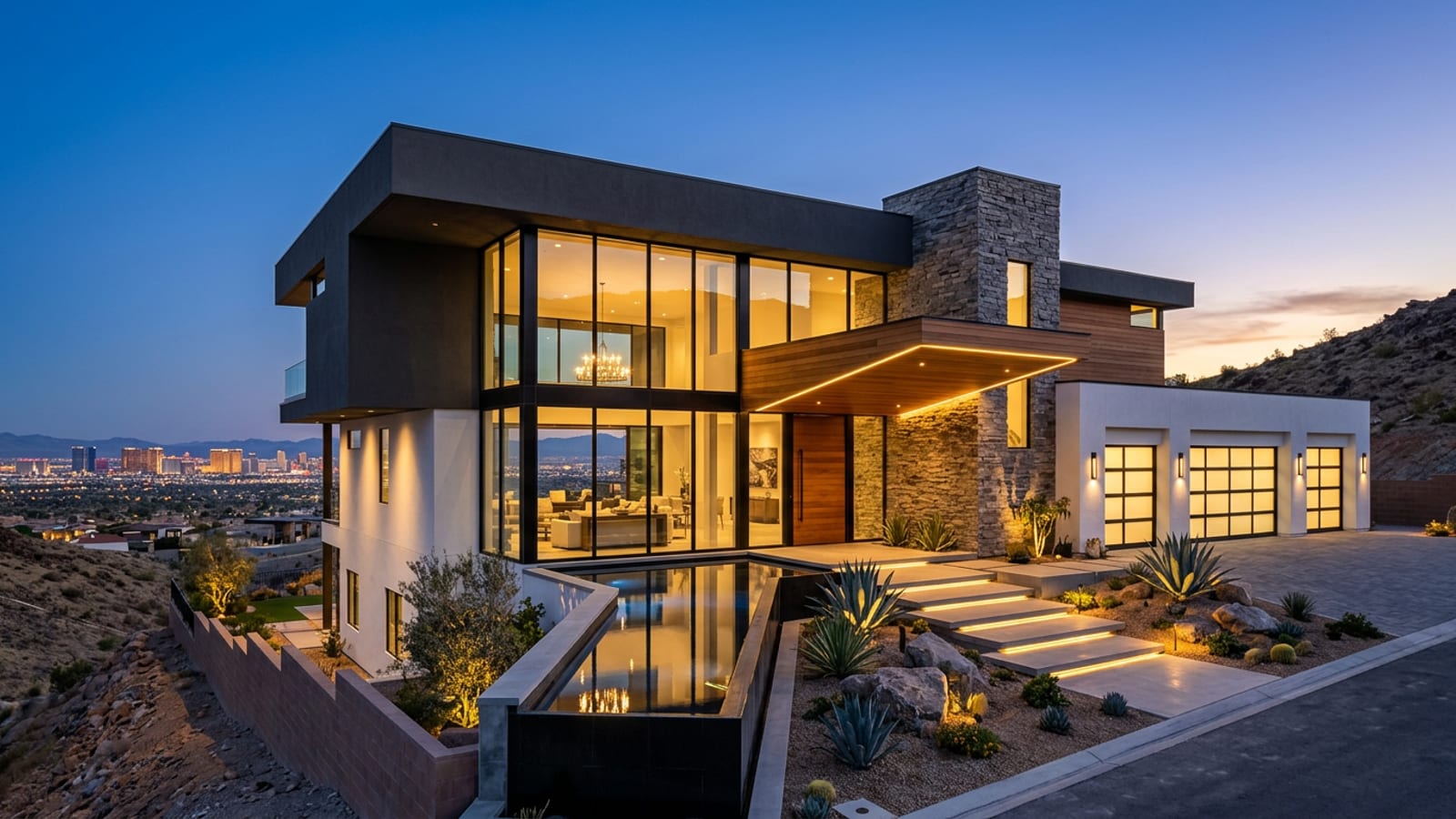 Queensridge custom luxury estate exterior with Mediterranean architecture and mature landscaping inside the guard-gated community