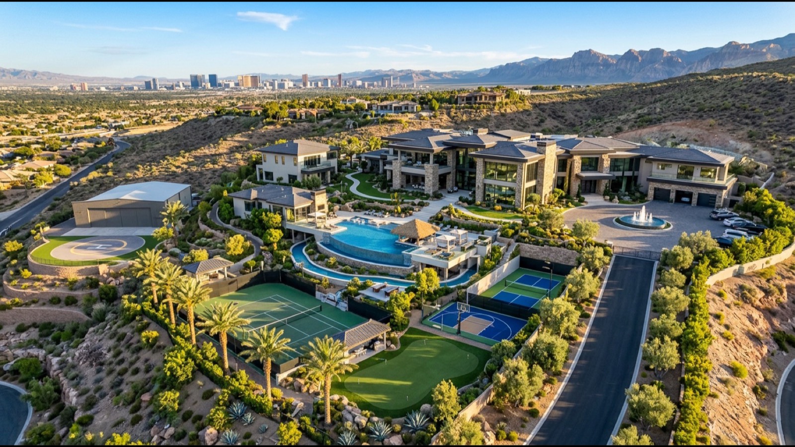 Rancho Circle multi-acre pastoral estate with mature elm and pine canopy long circular driveway gated entry and equestrian-style landscape at golden hour