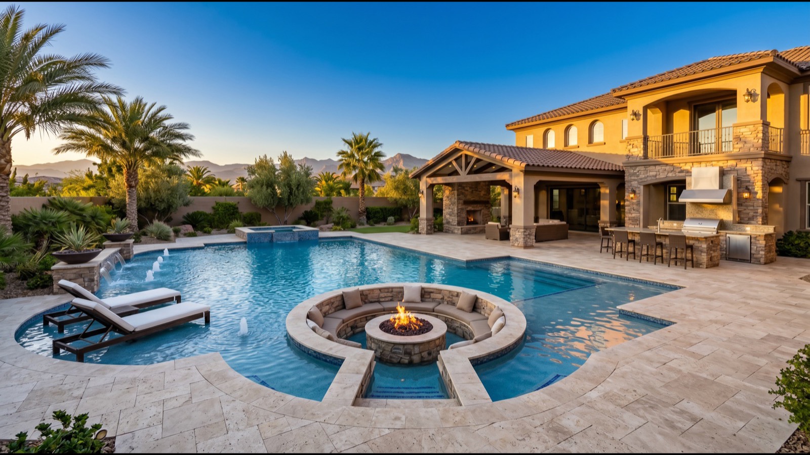 Rancho Circle multi-acre estate with resort-style tennis court mature landscape pool deck and main residence visible at golden hour