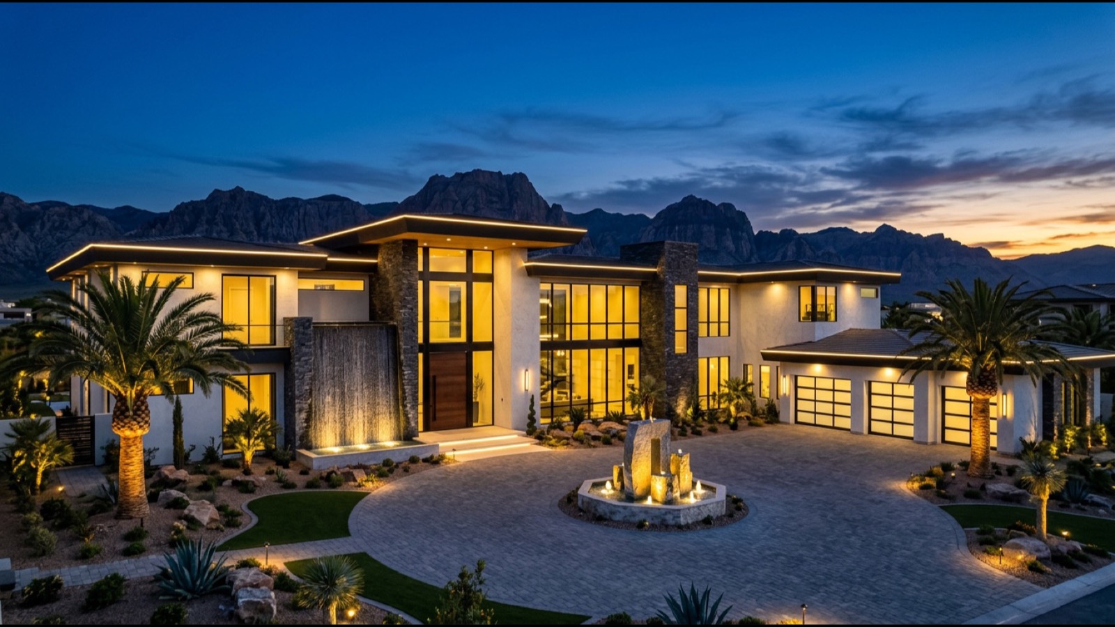 Rancho Circle 2020s contemporary trophy modern custom estate rebuild with flat metal roof full-height glazing natural stone exterior detached guest casita and integrated motor court at twilight