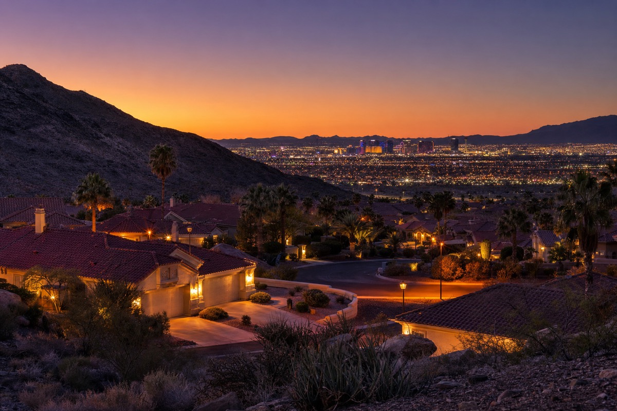 Aerial view of a master-planned Las Vegas 55-plus active adult community with golf course curving among single-story homes at twilight