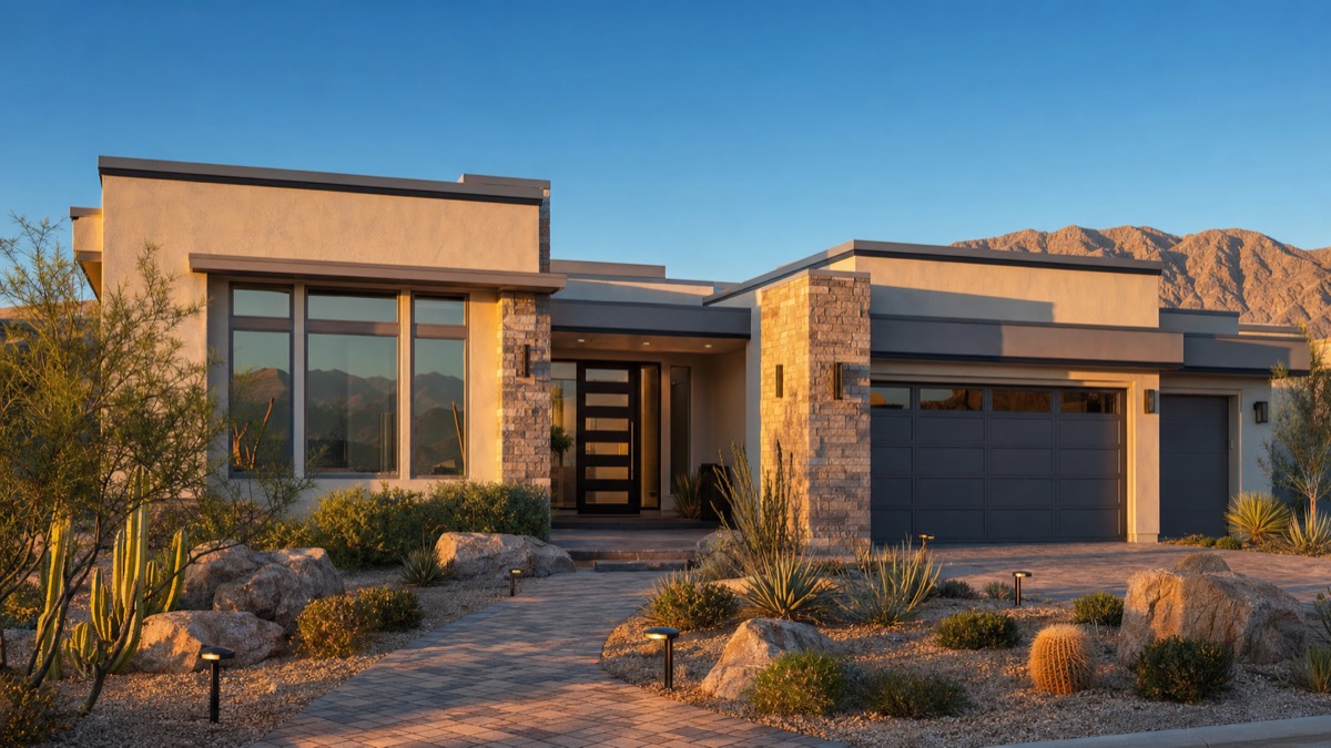 Modern desert-contemporary single-story new-construction home in a Las Vegas 55-plus community with low-maintenance xeriscape front yard