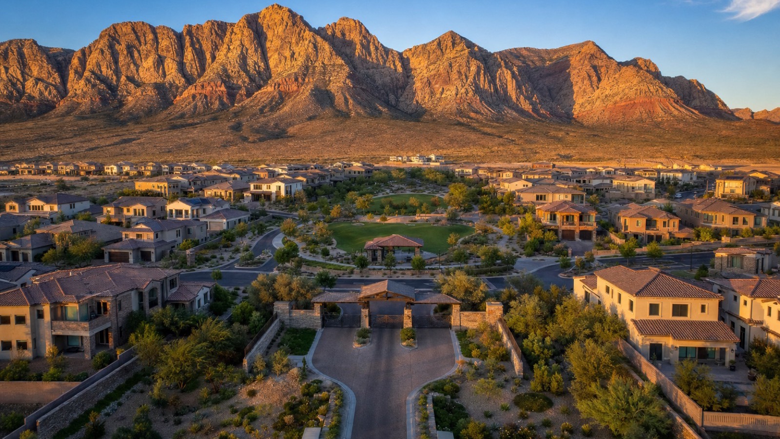 Reverence Summerlin new construction streetscape with contemporary desert architecture and mountain backdrop