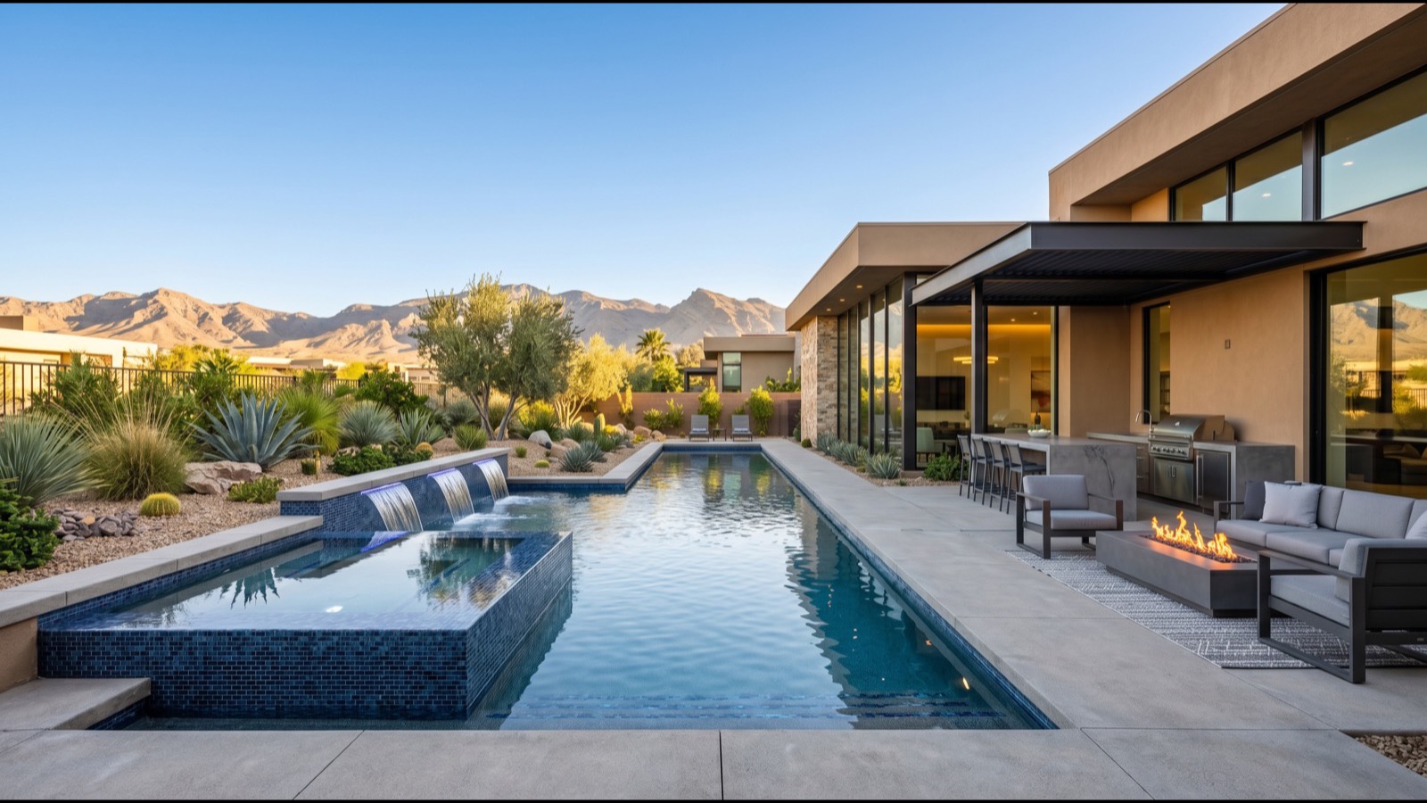 Scotch 80s restored mid-century-modern estate with original architecture pool deck floor-to-ceiling glazing and mature landscaping at golden hour