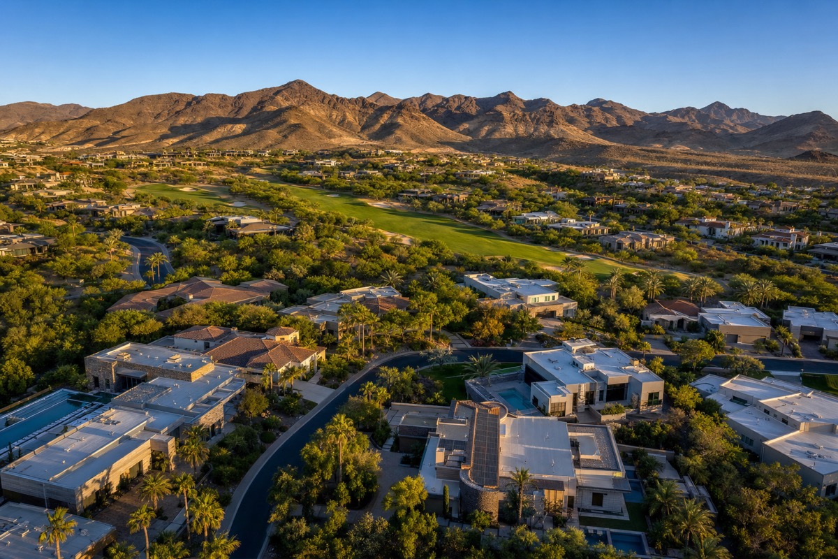 Aerial view of Seven Hills in Henderson with the championship Rio Secco golf course, dozens of private backyard pools visible across the master plan, and the McCullough Range in the background
