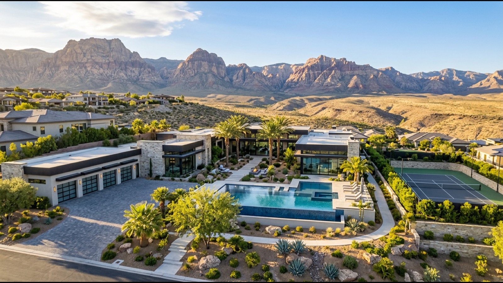 Siena Summerlin community streetscape with single-story Mediterranean homes mature desert landscaping date palms and tile roofs in afternoon light