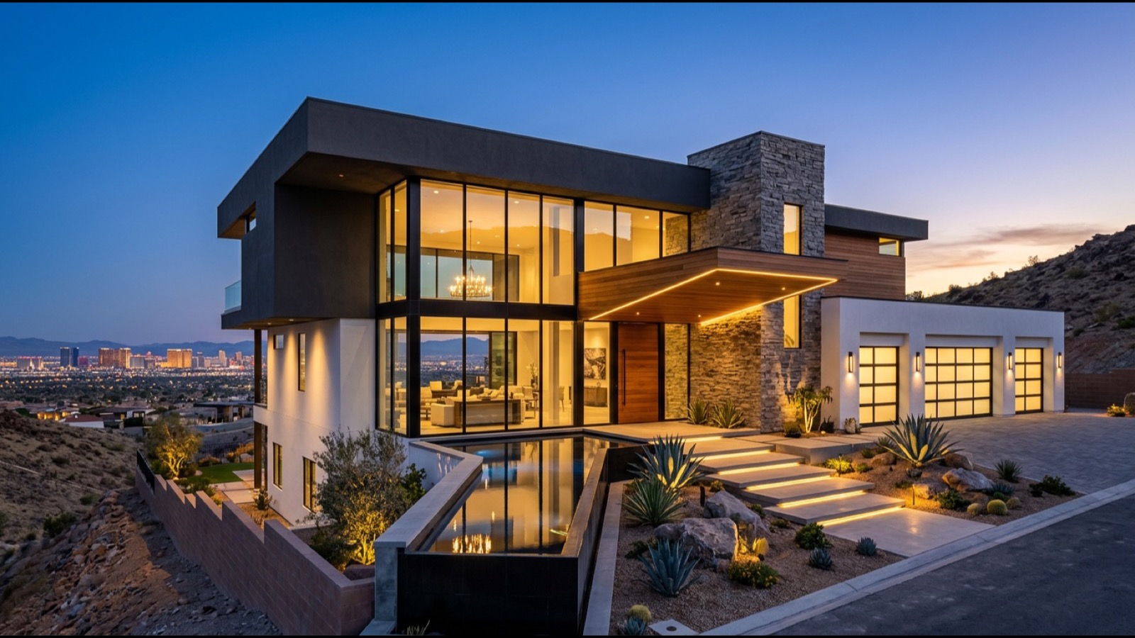 Siena Summerlin single-story patio home with Mediterranean architecture covered patio mature desert landscaping and tile-roof façade at golden hour