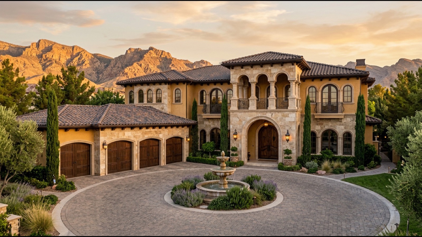 Siena Summerlin Sun Colony premium 3000 square foot single-story home with three-car garage upgraded interior finish and pool deck at golden hour