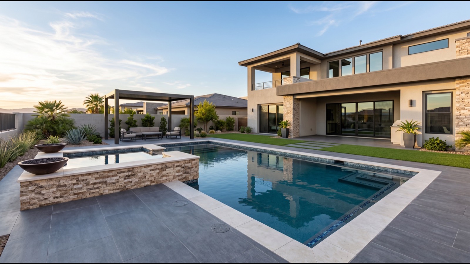 Silverado Ranch south Las Vegas backyard pool deck with mature landscaping