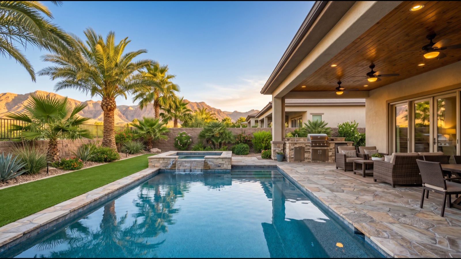 Silverstone Ranch community pool clubhouse and resort-style amenity area with desert landscaping mature palms and the Silverstone Golf Club fairway visible in the background