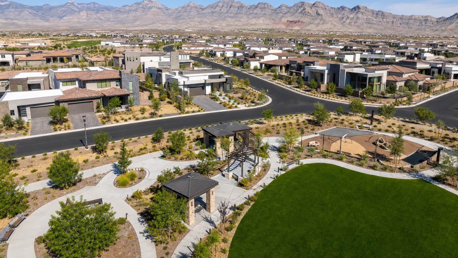 Skye Canyon new construction contemporary single-family homes with mountain backdrop