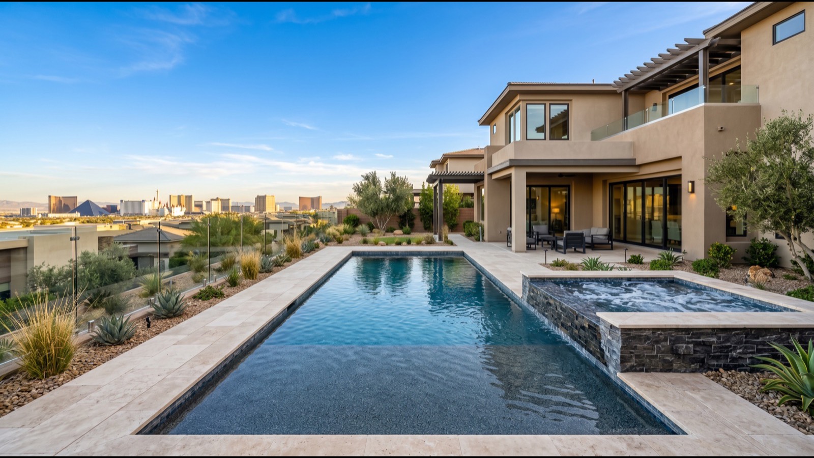 Spanish Hills half-acre custom estate with resort-style pool deck mature palm landscaping and Spring Mountains view at golden hour