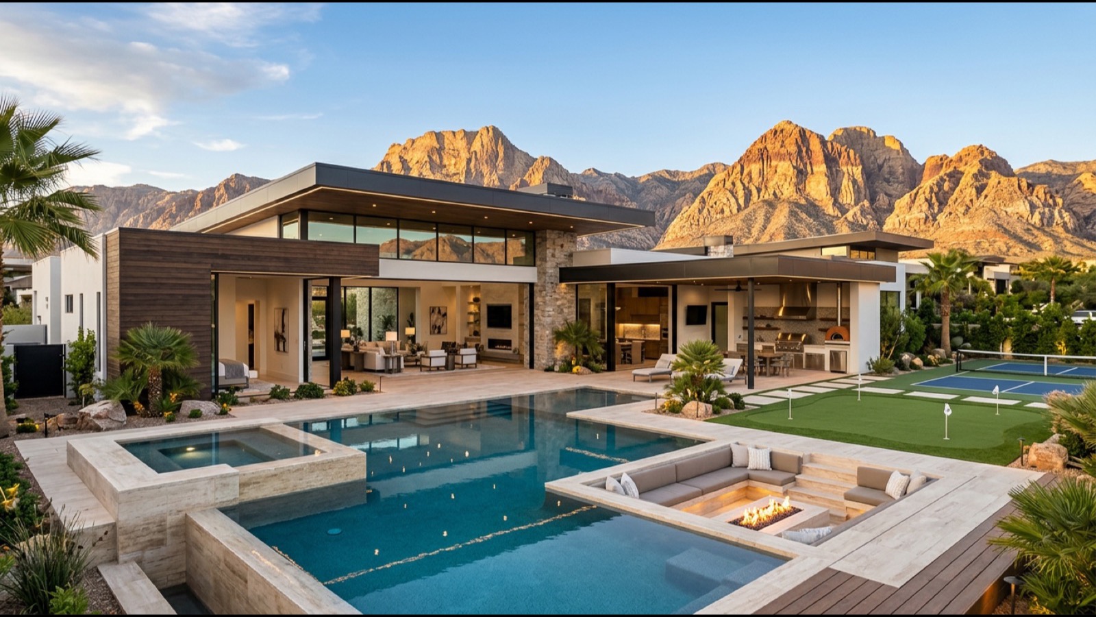 Spanish Hills Mediterranean-revival custom estate home with stone façade circular drive mature palm landscaping and Red Rock canyon backdrop at golden hour