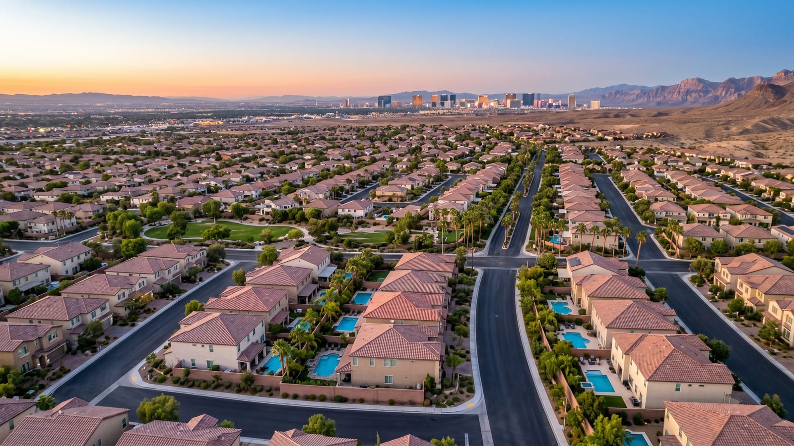 Spanish Trail Las Vegas central-west valley guard-gated luxury master plan aerial showing mature landscape canopy and Mediterranean estate homes