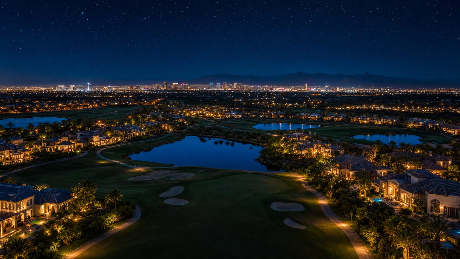 Spanish Trail Country Club golf fairway at night with luxury homes in the background and championship golf course lighting