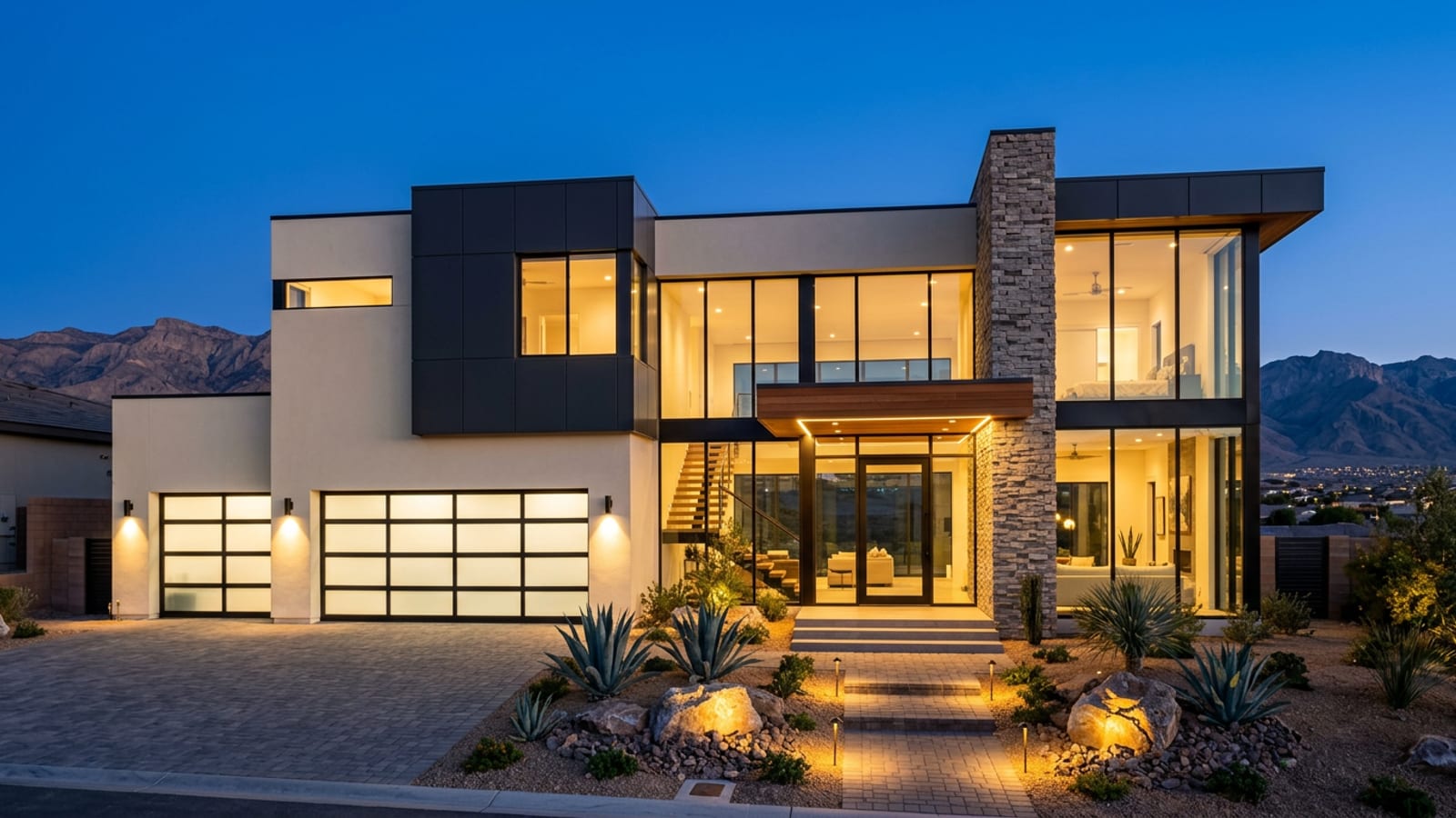 Spanish Trail Las Vegas Mediterranean luxury custom home with mature landscaping and warm afternoon golden hour light
