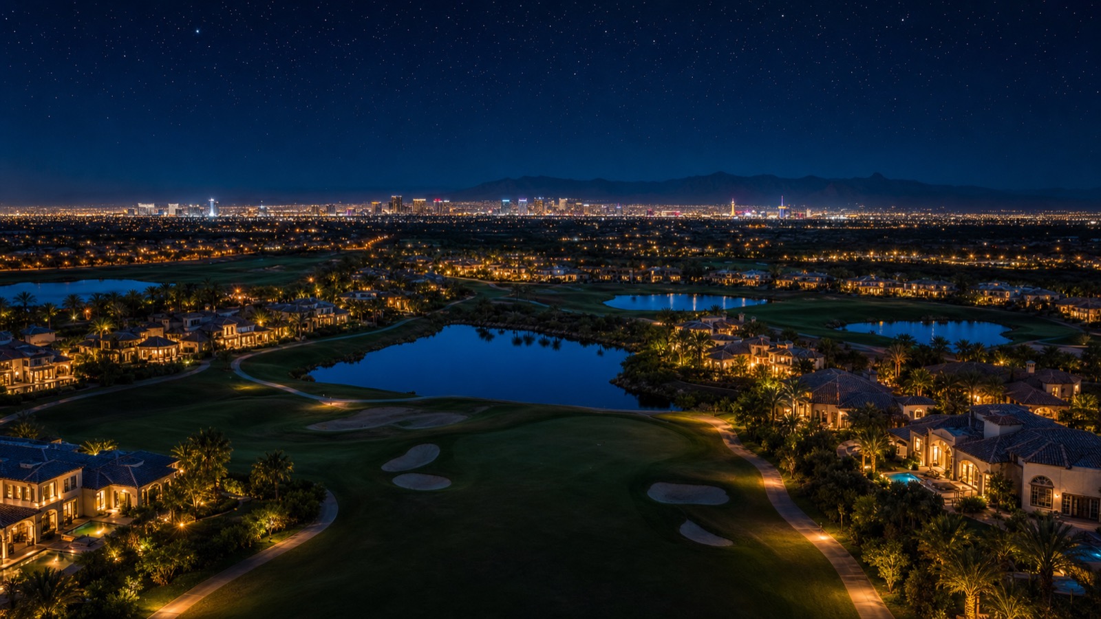 Stallion Mountain east Las Vegas private 27-hole golf course fairway at golden hour with mature trees