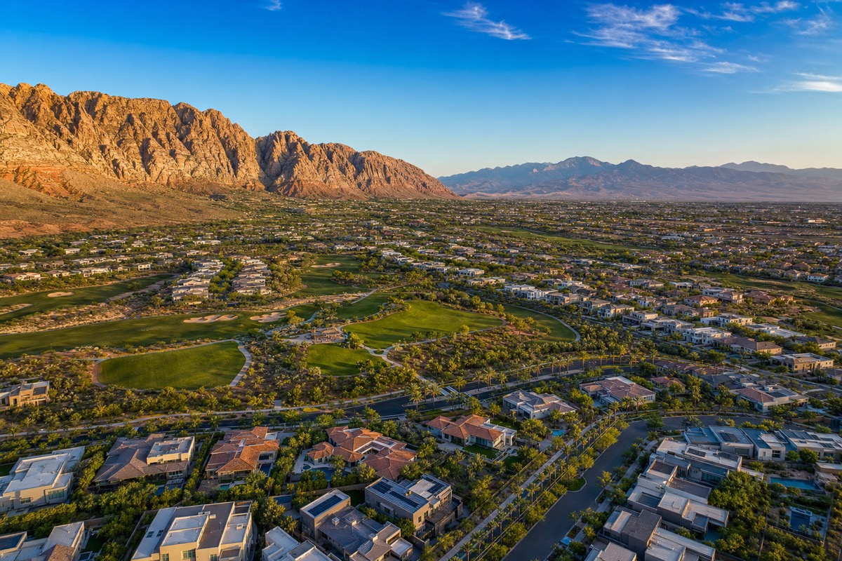 Aerial overview of Summerlin master plan in western Las Vegas — the largest concentration of luxury California-relocator residential inventory in the metro