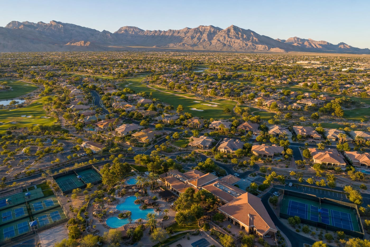 Aerial view of Summerlin master plan villages with The Mesa park system and family-friendly streets for 2026