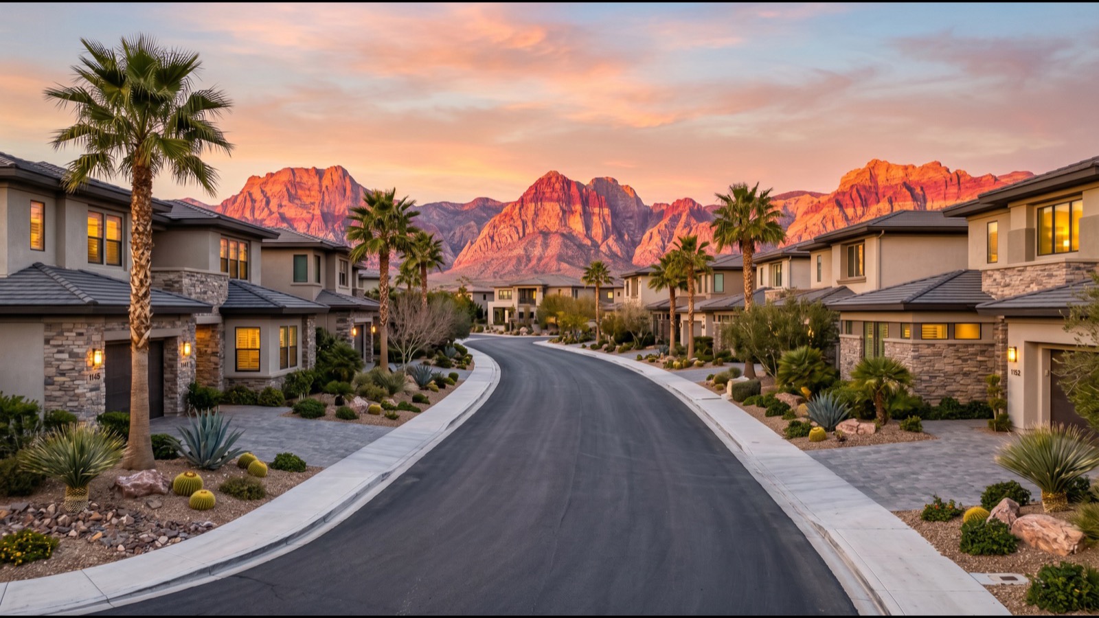 Summerlin master plan residential village at golden hour with Red Rock Canyon and the Spring Mountains rising in the background