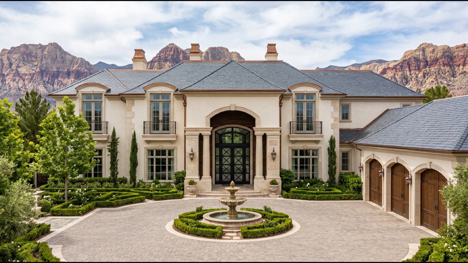 Summerlin one million dollar Cliffs village mid-tier home with Mediterranean architecture mature desert landscaping three-car garage and contemporary stone façade detail at golden hour