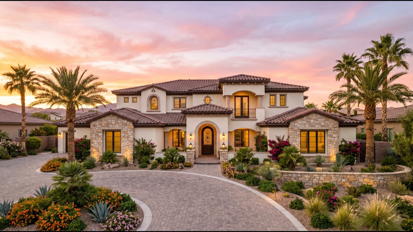 Luxury Summerlin home in the Stonebridge village with Red Rock Canyon visible in the background and master-plan landscaping in the foreground