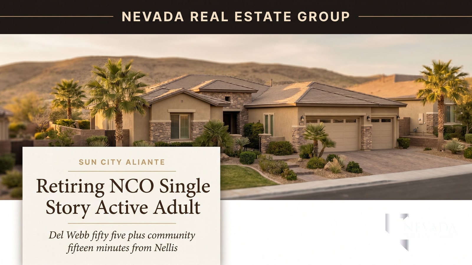 Sun City Aliante 55-plus single-story retiree home with palm trees and golf course views
