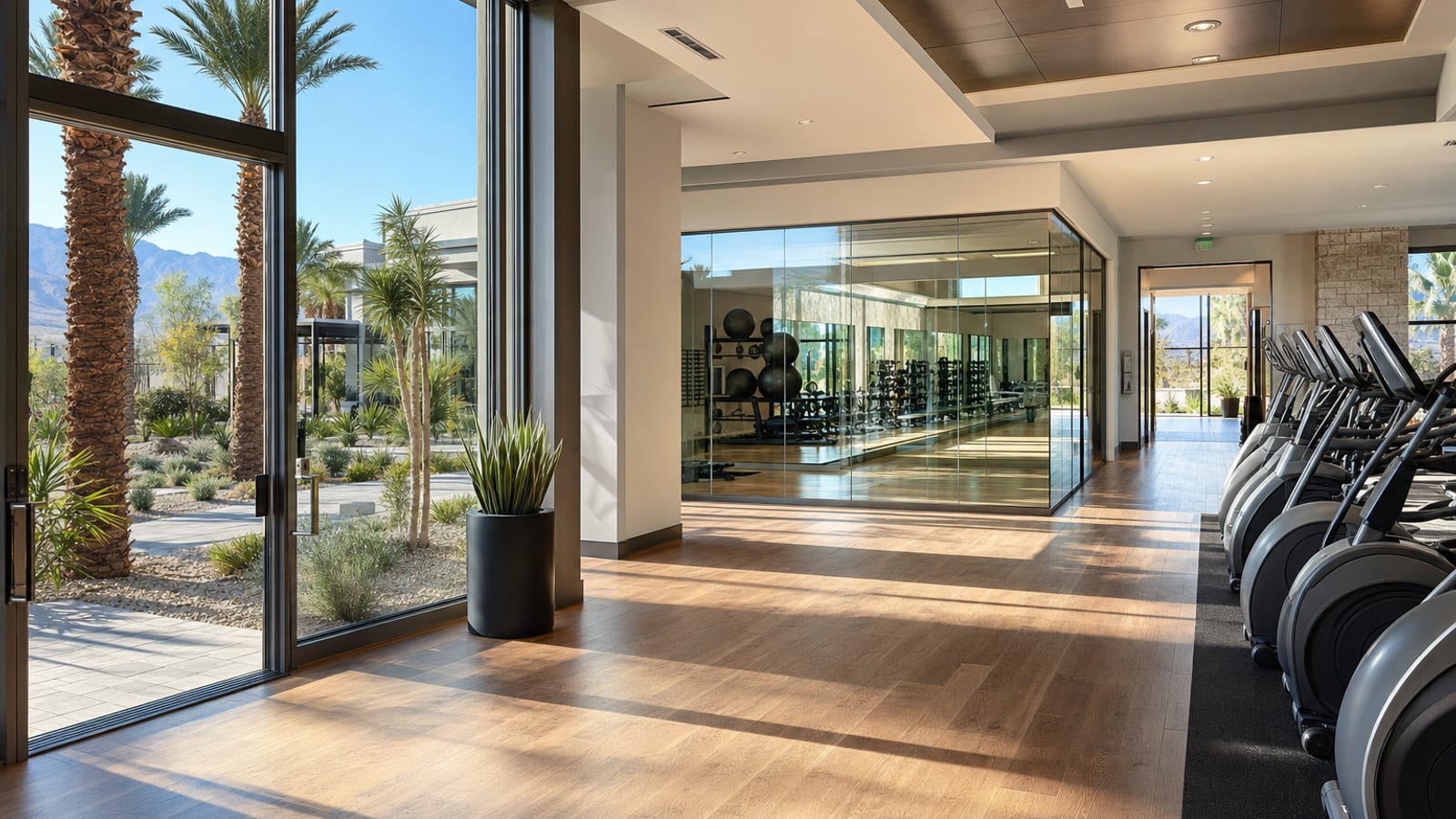Sun City Anthem fitness center interior with modern cardio and weight equipment, resident exercise areas, and natural light from large windows