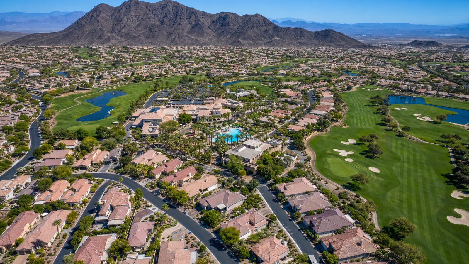 Sun City Anthem Henderson Del Webb 55-plus master plan aerial showing the layout of single-story hillside homes and the elevated south Henderson positioning