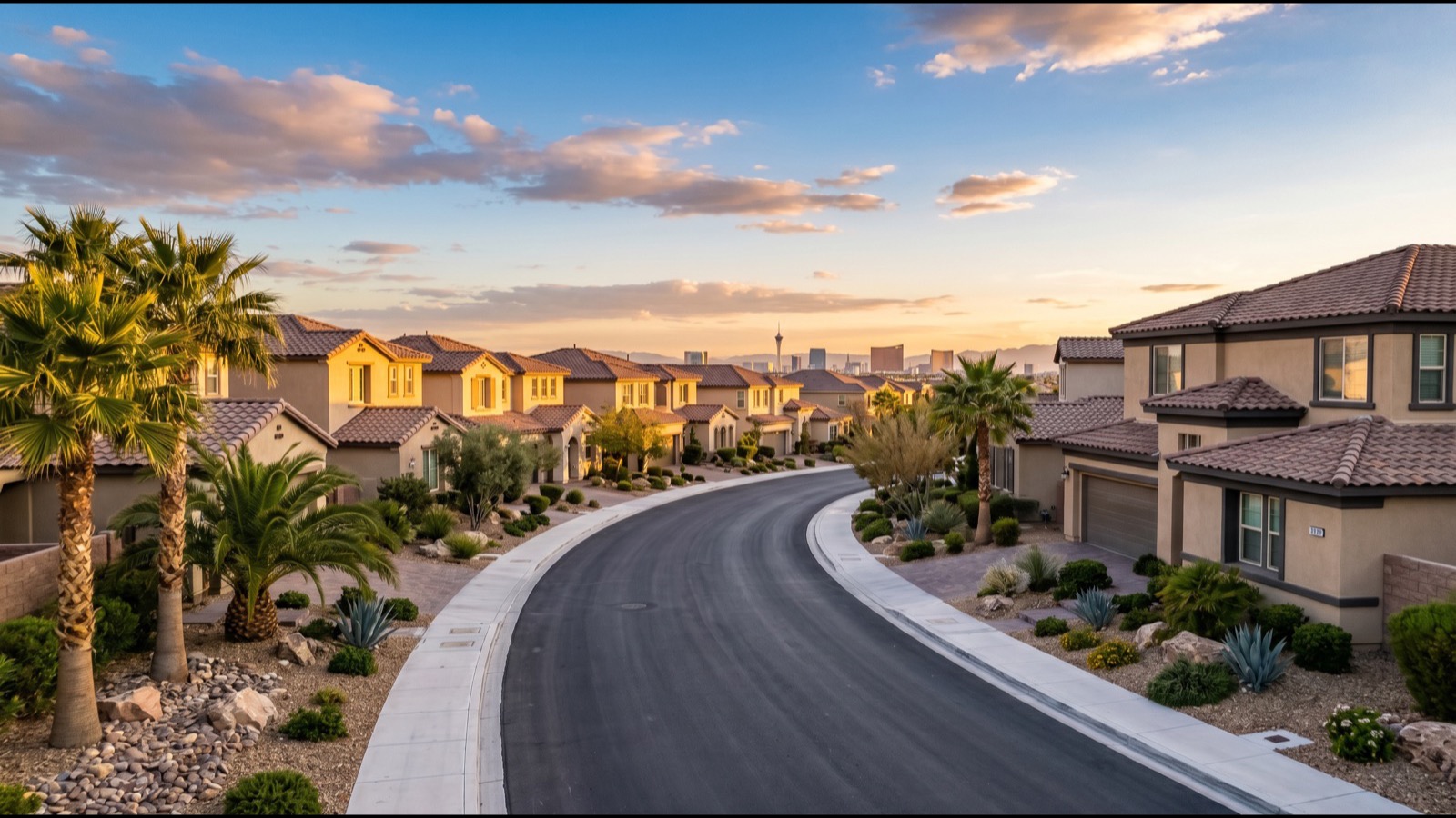 Sunrise Manor east Las Vegas residential streetscape at golden hour showing established 1970s-2000s single-family homes and mature landscaping