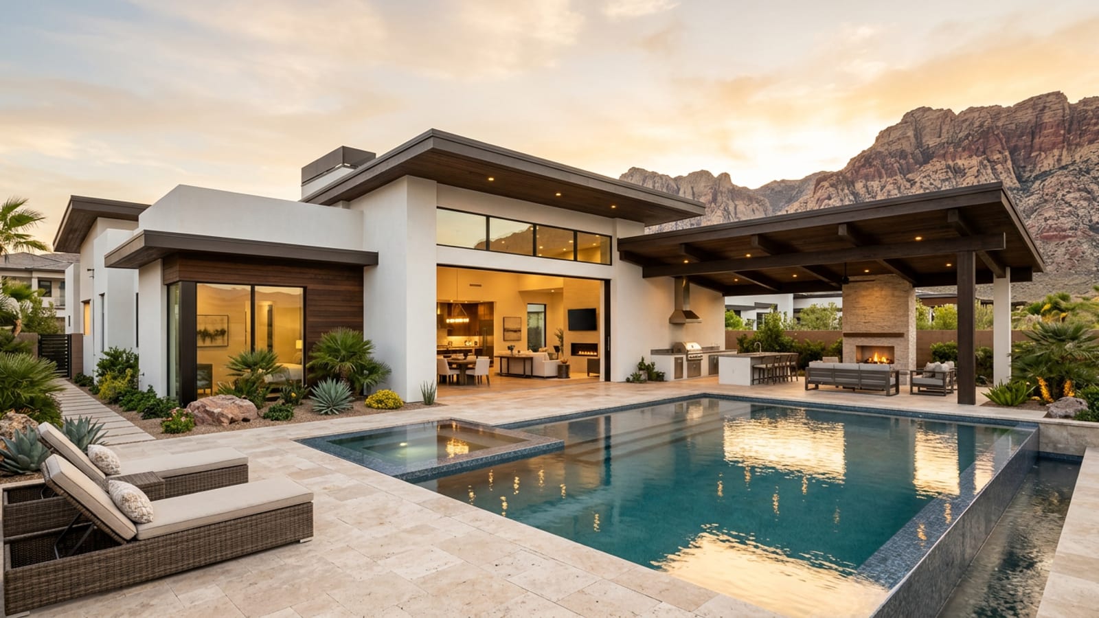 The Cliffs Summerlin luxury contemporary estate exterior with desert-modern architecture and Red Rock Canyon foothill positioning