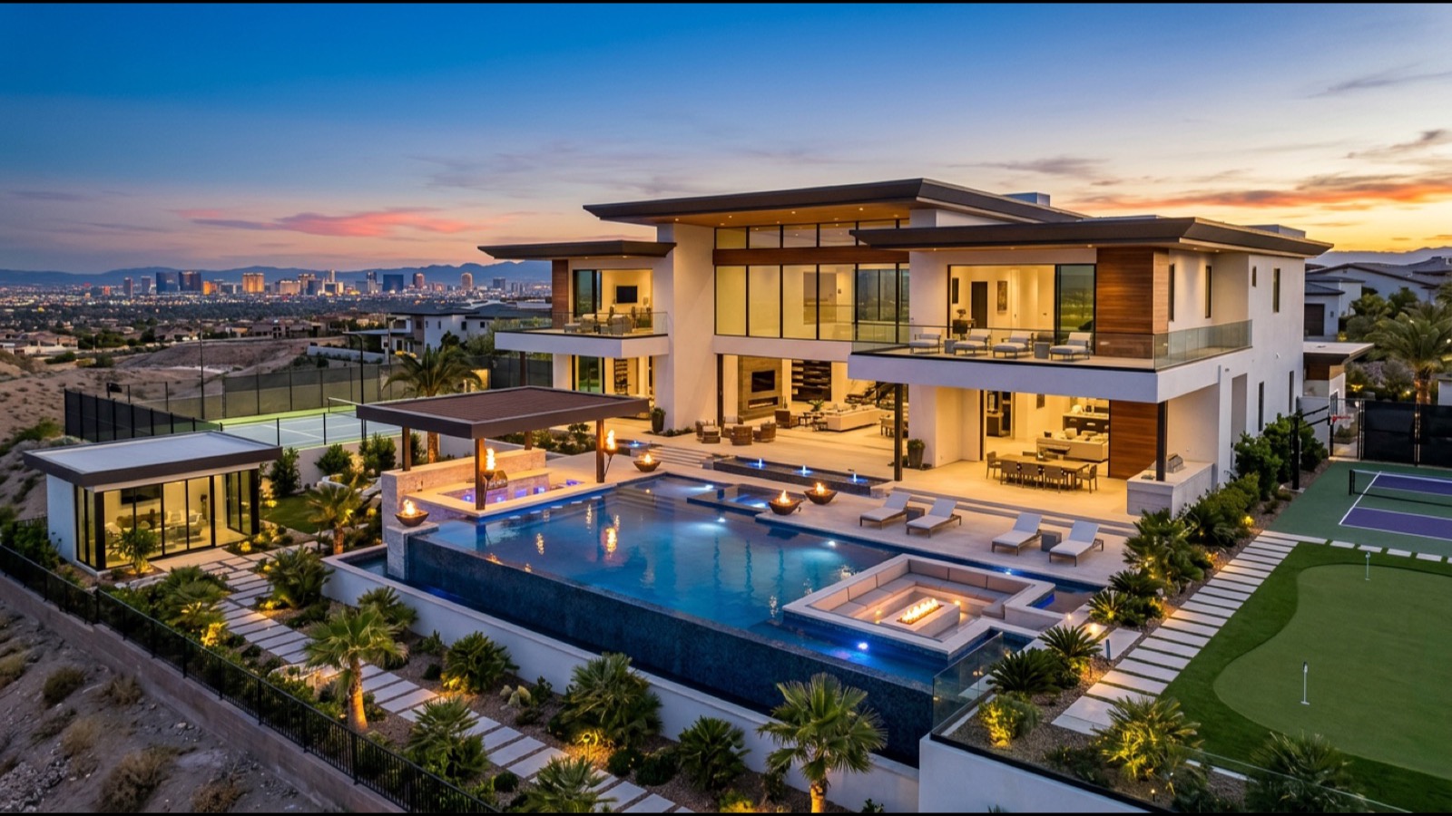 The Summit Club Summerlin contemporary modern custom luxury estate exterior at twilight with Red Rock Canyon view