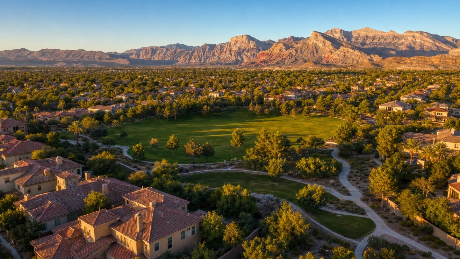 The Trails Summerlin established village mature pine-lined streetscape with palm trees and desert landscaping