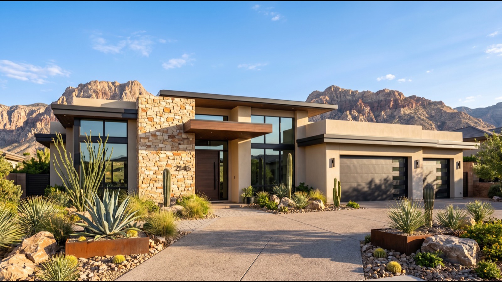 Tournament Hills Summerlin custom Mediterranean luxury estate exterior with paver driveway and mature landscaping