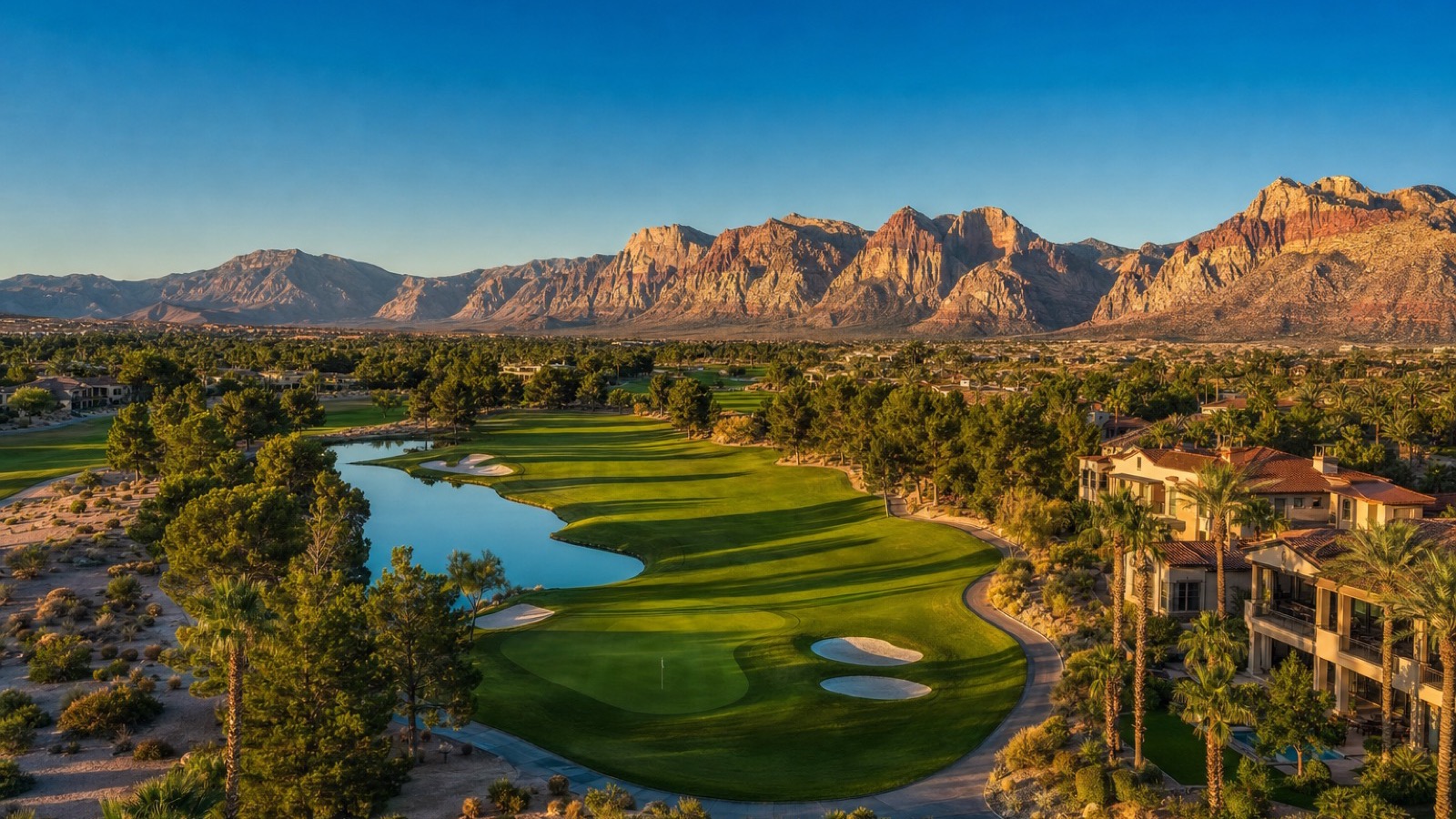 Tournament Hills Summerlin guard-gated luxury community streetscape with custom Mediterranean estates and mature palm canopy