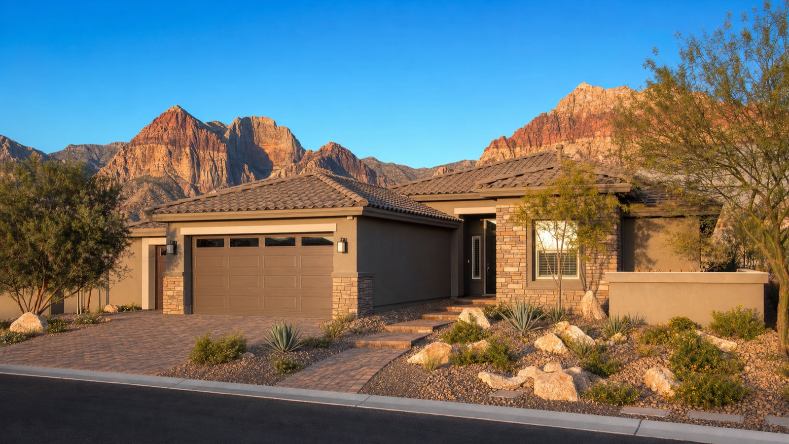 Trilogy Sunstone Shea Homes single-story model home exterior with contemporary desert architecture