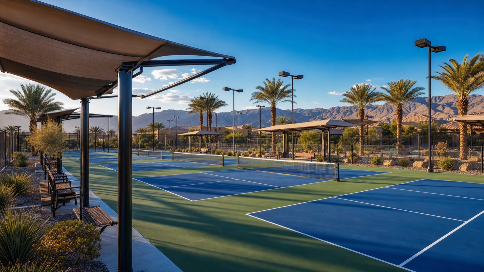 Trilogy Sunstone pickleball courts amenity with mature desert landscape and Spring Mountains backdrop