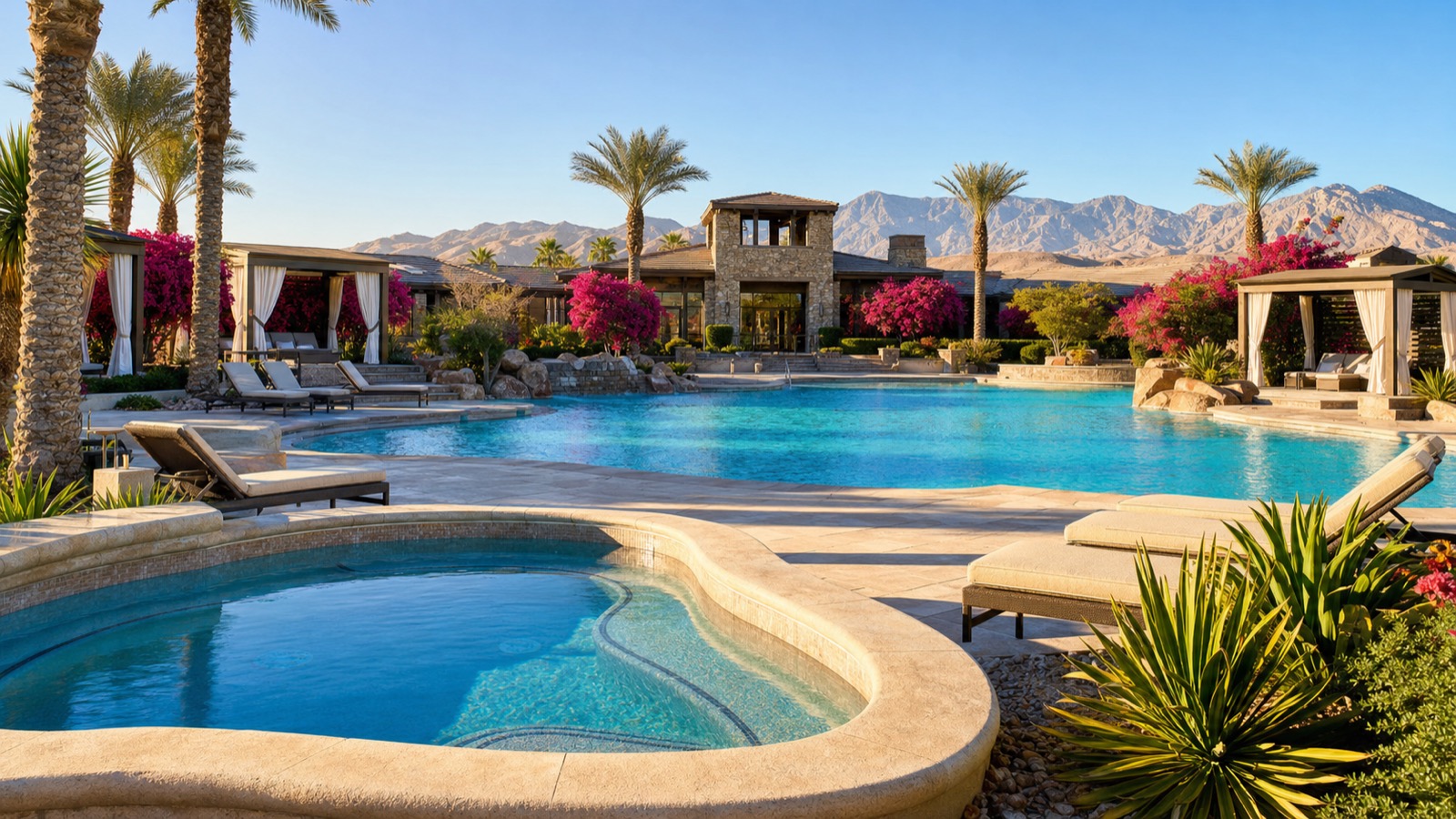 Trilogy Sunstone resort pool and clubhouse amenity with pickleball courts