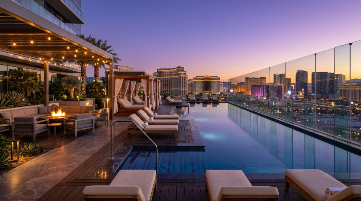 Strip-corridor Las Vegas luxury condo tower at golden-hour twilight with palm trees in foreground and Spring Mountains in distance — representative of Veer Towers and Panorama Towers
