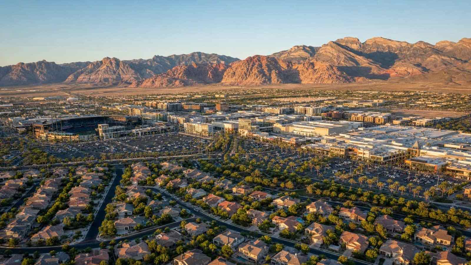 Aerial view of The Trails village adjacent to Downtown Summerlin with Las Vegas Ballpark and City National Arena visible — Las Vegas, Nevada